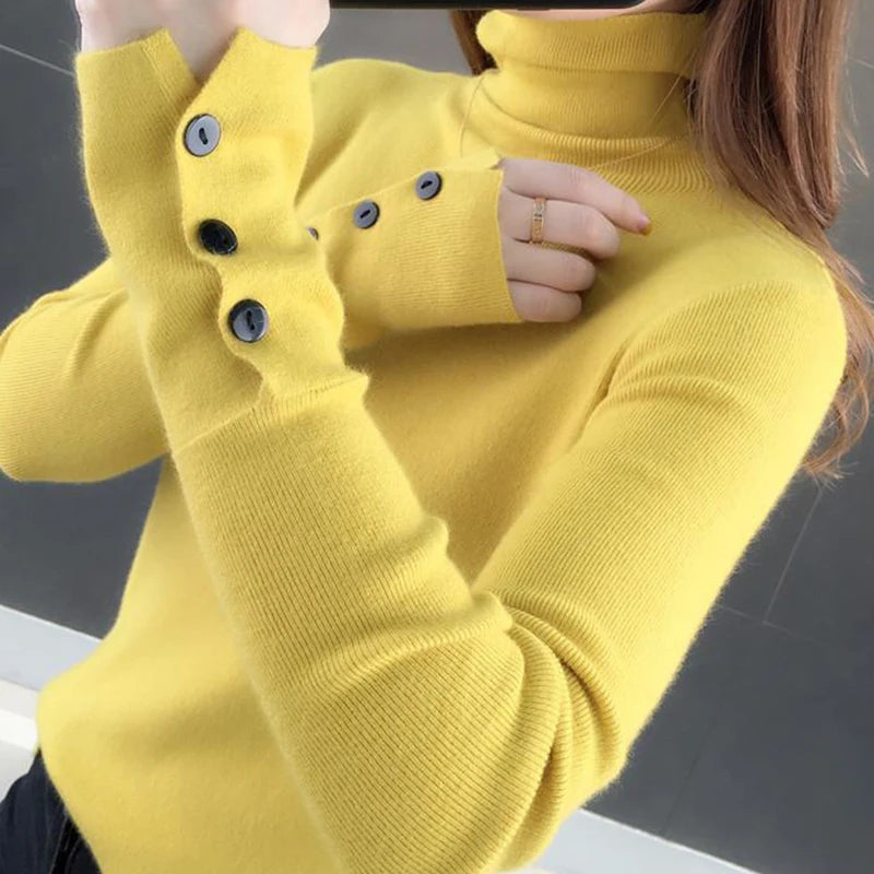 HELIAR Women Turtleneck Buttons Solid Warm Sweater Long Sleeve Knit Basic Pullover Slim Office Jumper For Women 2024 Fall Winter