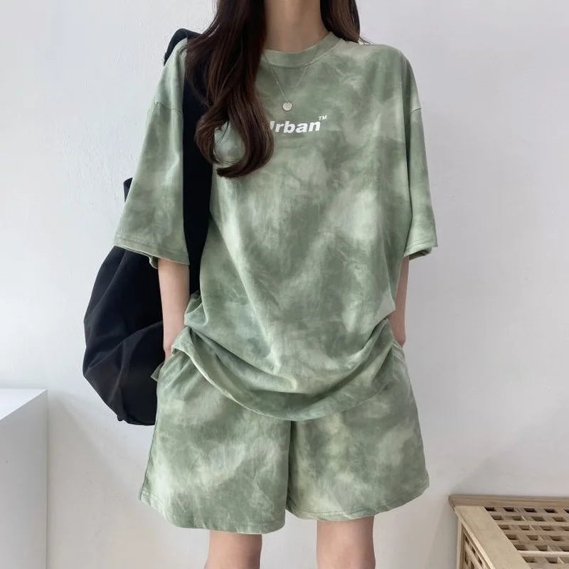 Women's Sports Suit Summer Short Sleeve Top Shorts Casual Two Piece Set Tie Dye Loose Fashion Pants Suit Thin Korean