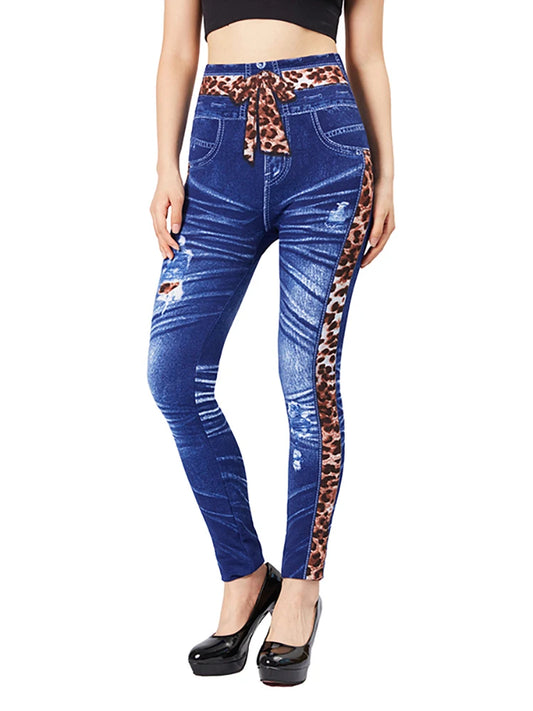 High Waist Fake Leopard Print Blue Jeggings Stretch Slim