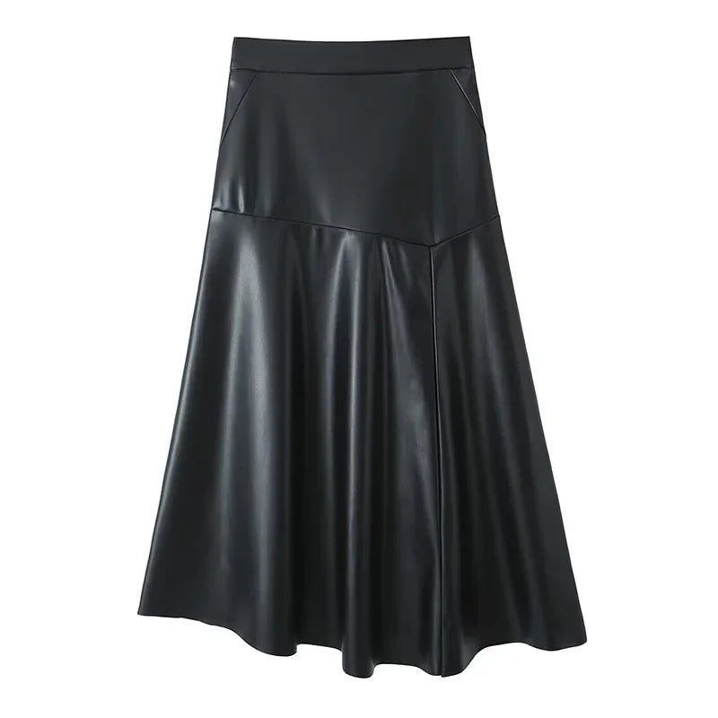 Women's Spring Vintage Leather Black Long Skirt Fashion High Waist