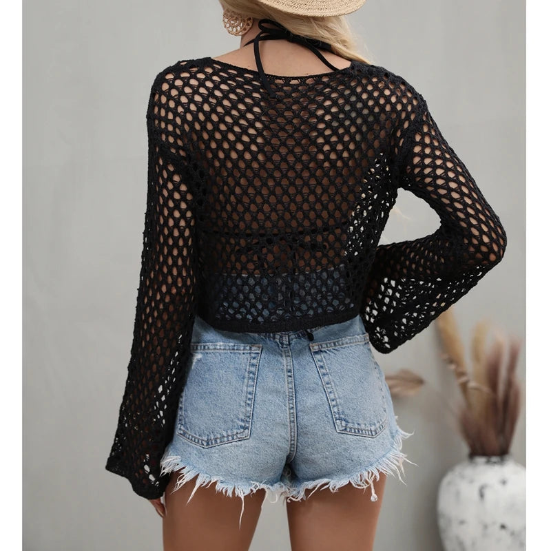 Women Solid Color Sheer Tops Sexy Tees Long Sleeve Knit Mesh Shirts Fashion Ladies Top 2024 Summer Sunscreen Blouse Blusas