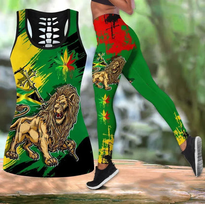 Cosmos Jamaica Lion Coat Arms Flag Printed Hollow Tank Leggings