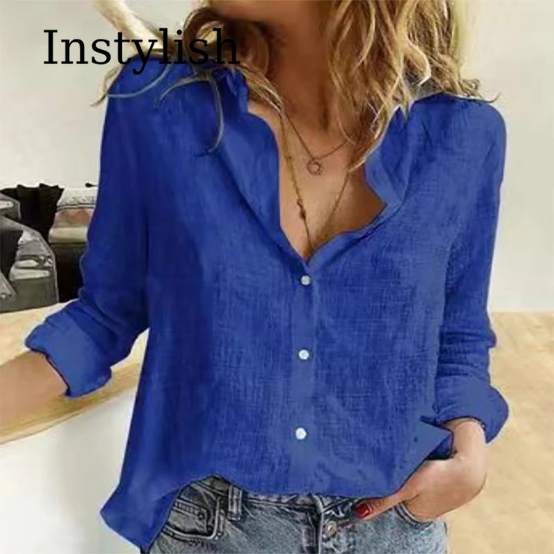 Elegant Cotton Linen Shirts Women Casual Solid Button Lapel Blouses Shirts Autumn Winter Long Sleeve Loose Tops Tunic Blusas