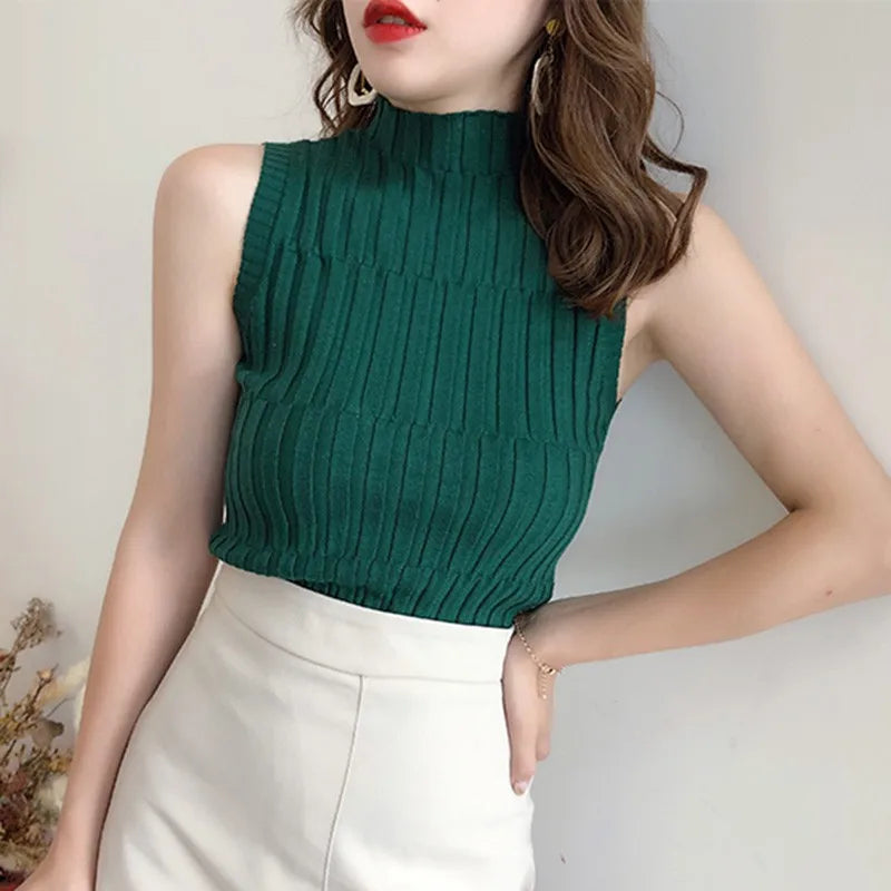 Women Half Turtleneck Sleeveless Slim Knitted T-Shirt Vest Sexy Fashion Casual Half-high Collar Hooded Bottoming Outer Wear