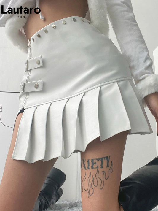 Sexy Retro White Black Pu Leather Mini Pleated Skirt