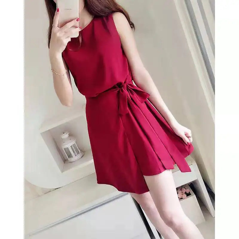 Sleeveless Lace Up Chiffon High Waisted Korean Version Dress Women 2024 Summer Short Dress