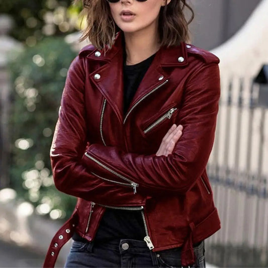 Solid Moto Biker Jacket - Women’s Short Leather