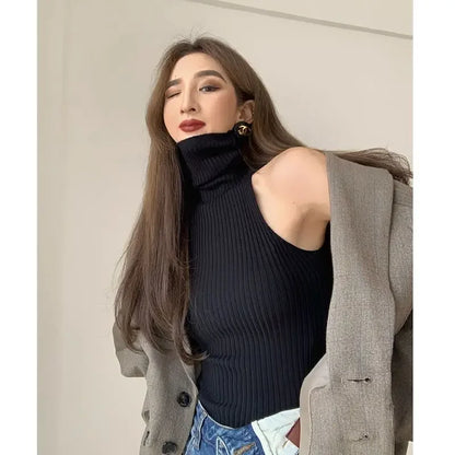 PTKPCC New Turtleneck Y2K Pullovers Tops Black Off Shoulder Tank Tops Women Knitted Tees Hot Skinny Round Neck Solid Cloth