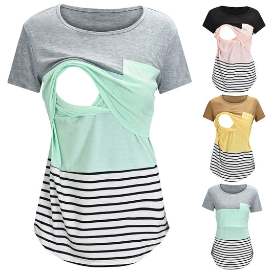 New Maternity Clothes Nursing Tops Striped Print Short Sleeve Blouse