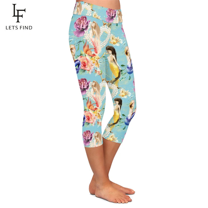 Milk Silk Mermaid Print Capri Leggings High Waist Mid-Calf