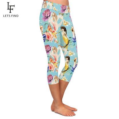 Milk Silk Mermaid Print Capri Leggings High Waist Mid-Calf