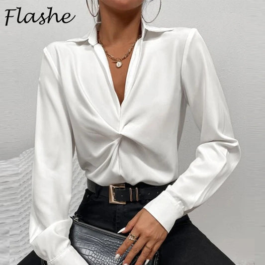 Autumn Lapel White Shirt Women Elegant Commuting Tops Fashion Casual V Neck Long Sleeve Blouses Blusas