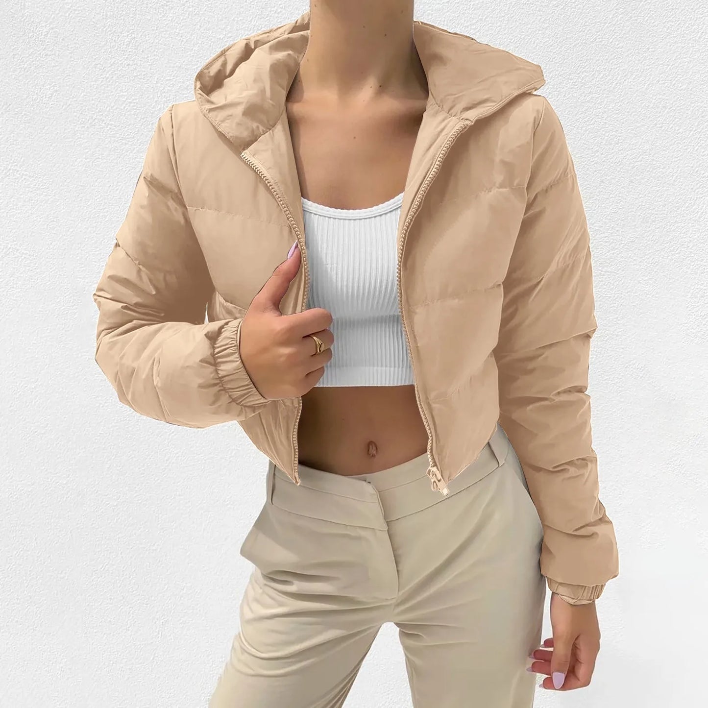 Winter Hooded Puffer Jacket - Women’s Warm Cropped Coat