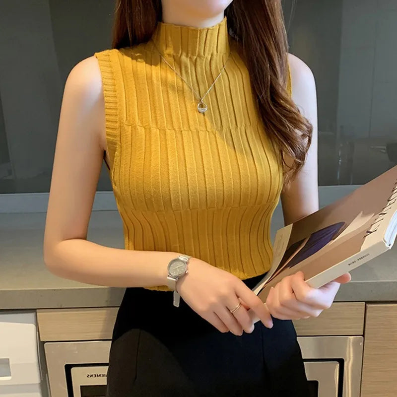 Women Half Turtleneck Sleeveless Slim Knitted T-Shirt Vest Sexy Fashion Casual Half-high Collar Hooded Bottoming Outer Wear