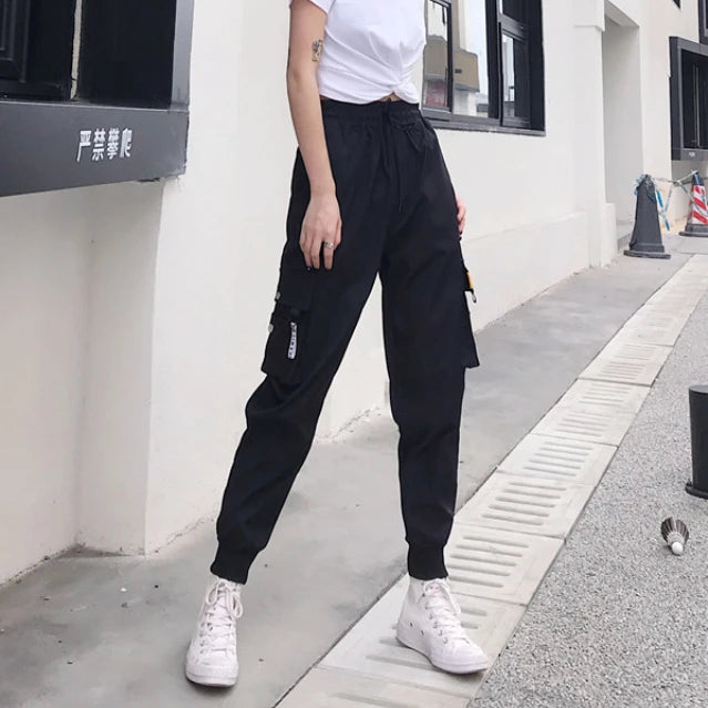 Black Cargo Pants Women's Wide Leg Hiphop Streetwear Loose