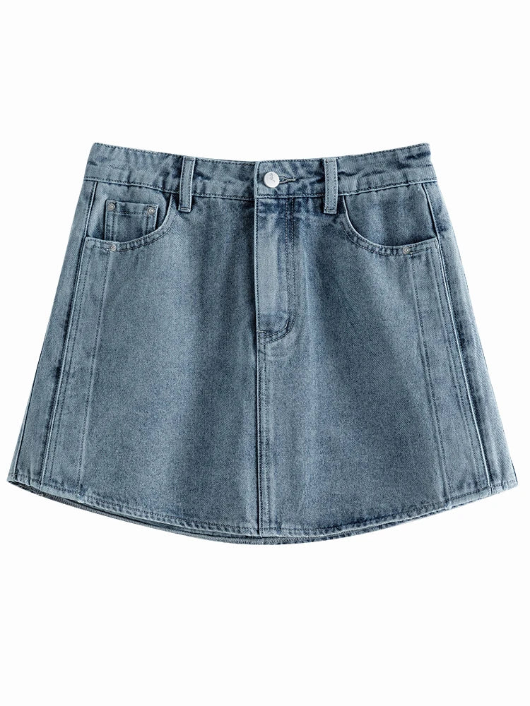 High Waist Women's Denim Blue Skirts Curved Hem Design