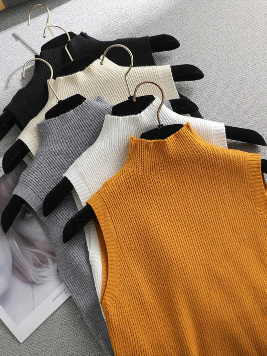 Autumn SPRING  2021 Solid elegant  sleeveless Sweater Pullovers Women turtleneck fashion female basic Sweater knit Jumpers top