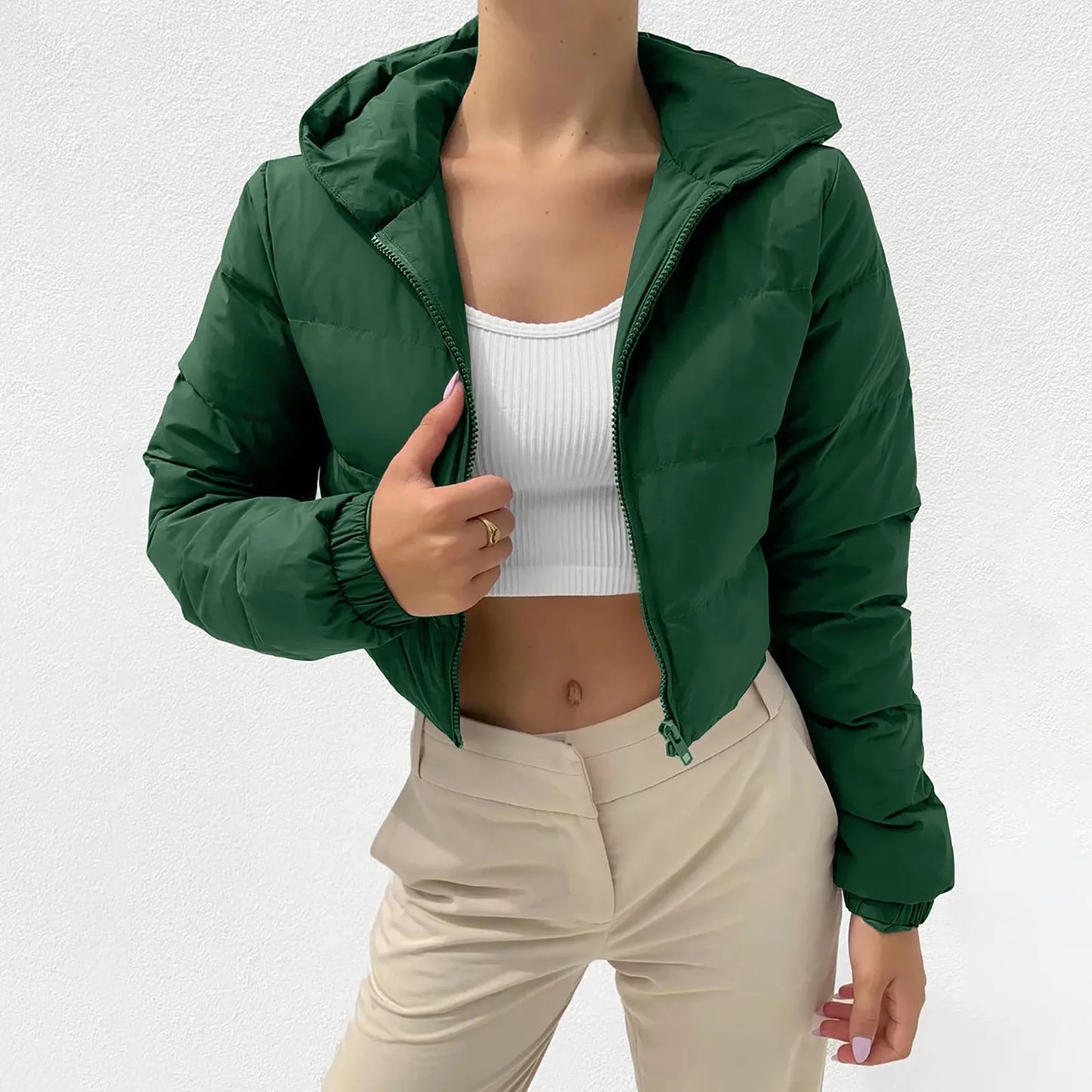 Winter Hooded Puffer Jacket - Women’s Warm Cropped Coat