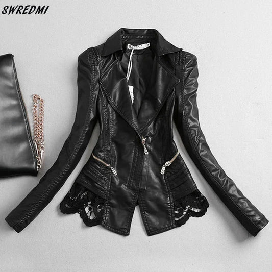 SWREDMI Women's Leather Jacket Lace Stitching Leather Clothing S-4XL