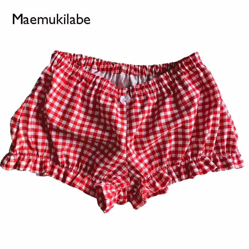 Plaid Pajama Shorts Elastic Ruffle Trim Kawaii Cottage Retro