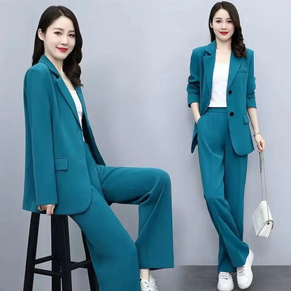 Spring Autumn Thin Women's Blazers Long Pants 2 Piece Set Korean Office Lady Casual Suit Jacket