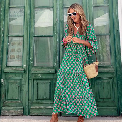 Women's Long Dress Geometric Print V Neck Midi Dress