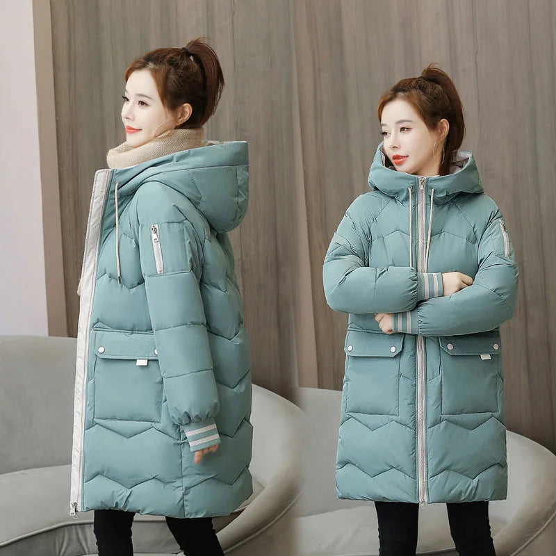 Winter Coat Mid-length Parkas - Cotton Padded Hooded, Warm Casual Overcoat