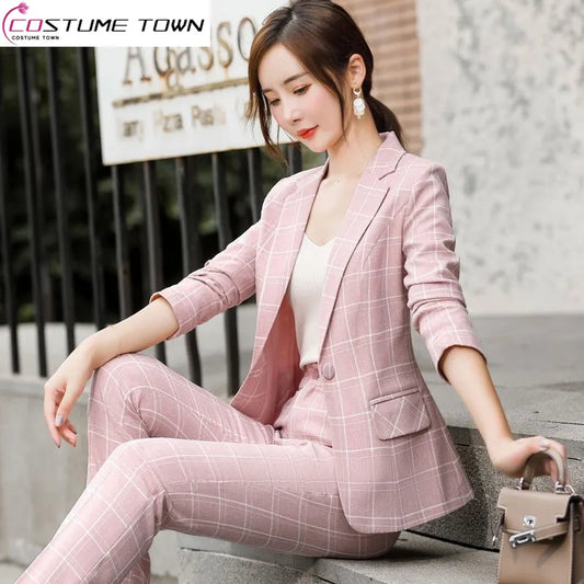 Plaid Splice Slim Fit Jacket Blazer Casual Wide Leg Pants Elegant Office Business Suit