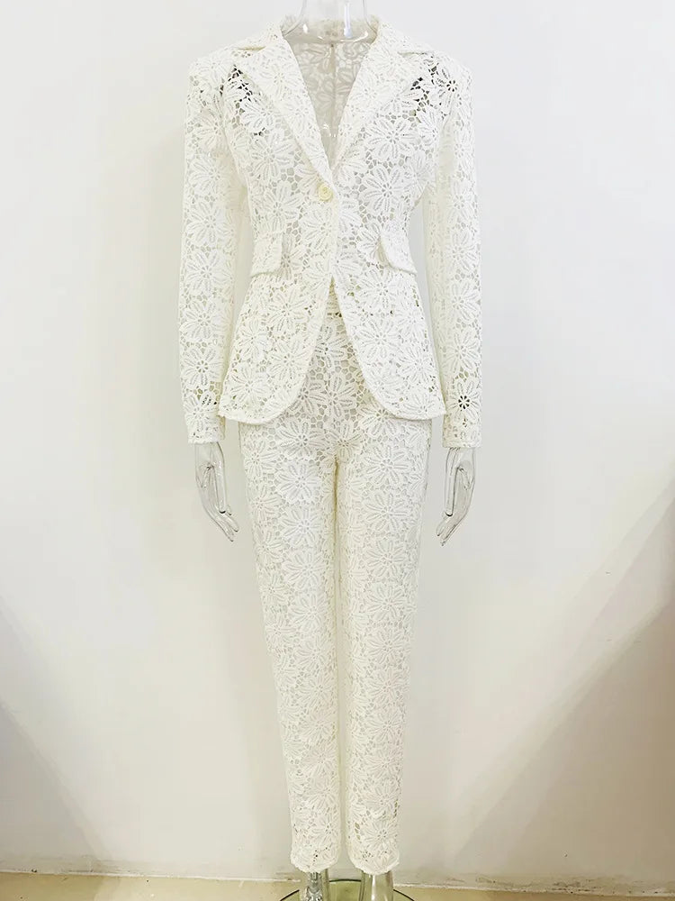 White Lace Blazer Pants Set Water Soluble Lace Pencil Pants Suit Slim Fit