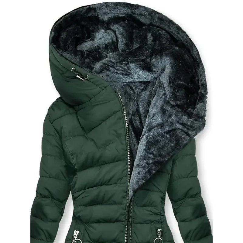 Zipper Slim-Fitting Parkas - Cotton-Padded Jacket, Trend Winter Warm Fur Collar Parkas, Women's Long-Sleeve Hooded Coats