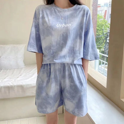 Women's Sports Suit Summer Short Sleeve Top Shorts Casual Two Piece Set Tie Dye Loose Fashion Pants Suit Thin Korean