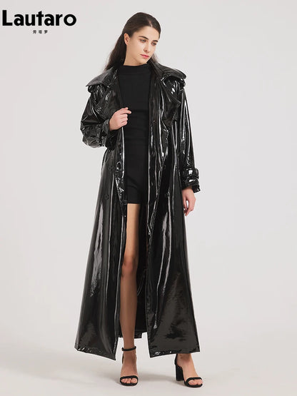 Extra Long Black Patent Leather Trench Coat - Women’s Shiny Reflective Maxi Overcoat