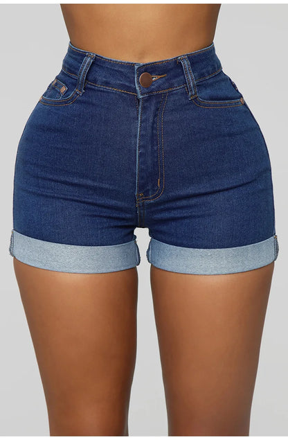 Summer New Mid Waist Curled Denim Shorts Fashion Stretch