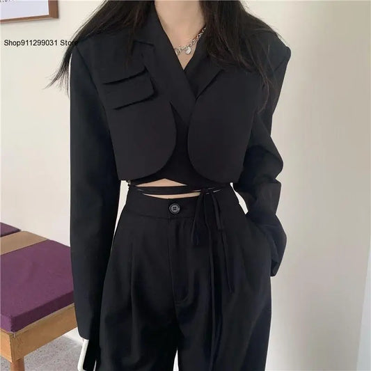 Women's Crop Blazer & High Waist Trousers - Wide Leg Pants Outfit, 2-Piece Set