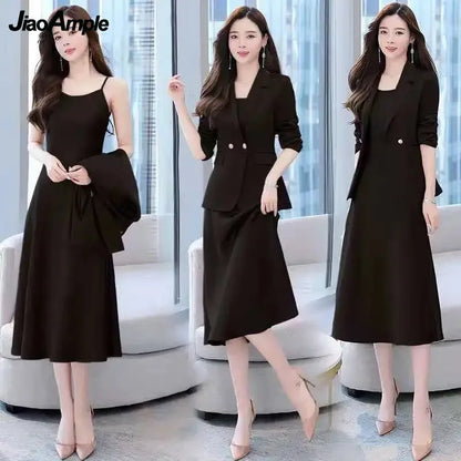 Autumn Winter Suit Jacket Dress Set - Korean Blazers, Suspender Midi Skirt