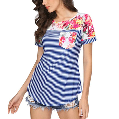 Maternity Nursing Blouses - Floral Stripe Short Sleeve Nursing T-Shirt