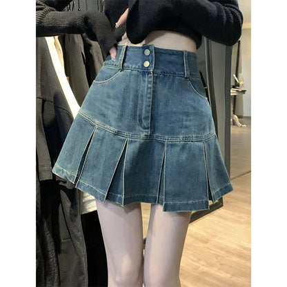 Y2K Vintage Mini Denim Skirt High Waist Pleated Aesthetic