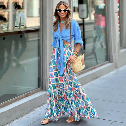 Women's Long Floral Skirts Summer Autumn Loose Casual Elastic