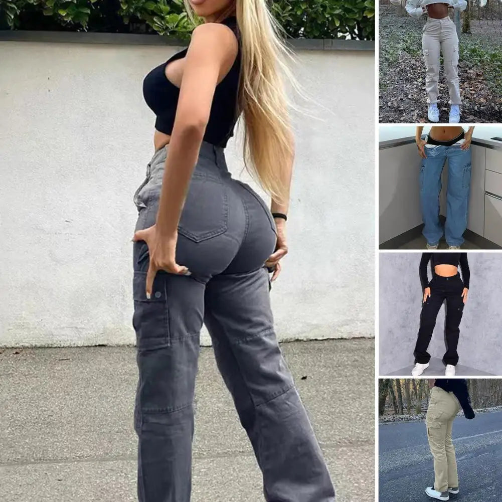 Zipper Button Placket High Waist Cargo Pants Women's Butt-Lifting Style