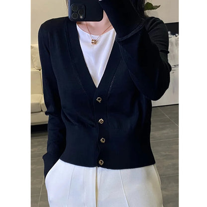 Temperament elegant knitted cashmere cardigan women's sweater thin spring and autumn V-neck loose thin short wool coat