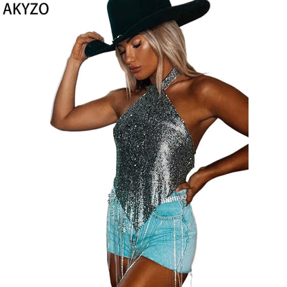 AKYZO Glitter Golden Sequin Halter Hanky Top Backless Fantasy Burlesque Cabaret Party Carnaval Cover Up Top Sexy Lingerie & Erot