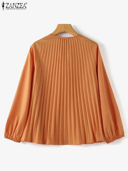 ZANZEA 2024 Women Long Lantern Sleeve Blouse Bow Tie Neck Hollow Out Top Autumn Solid Pleats Blusas Loose Fashion Shirt Oversize