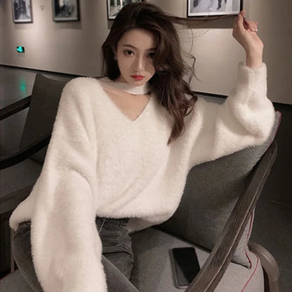 Women Sweater Hanging Neck Imitated Mink Fur Loose Soft Pullover  Autumn Winter Stay Warm Leisure Top Solid Color