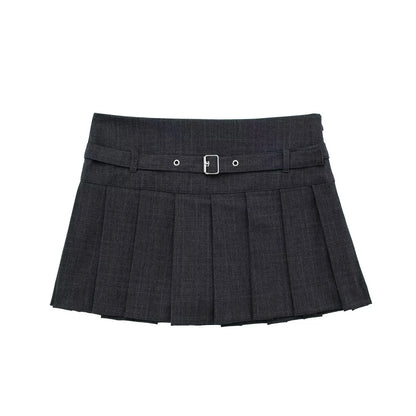 Women's Fashion Autumn Box Pleat Skort Vintage Belt Mini Skirt