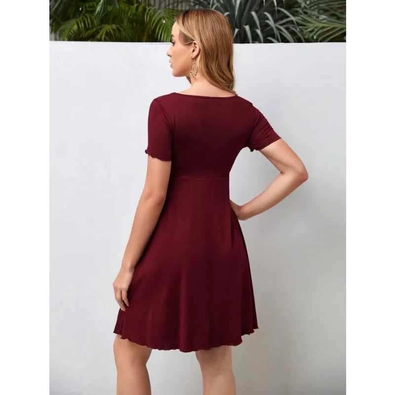 Solid Drawstring Dress - Summer Casual V-Neck Maternity