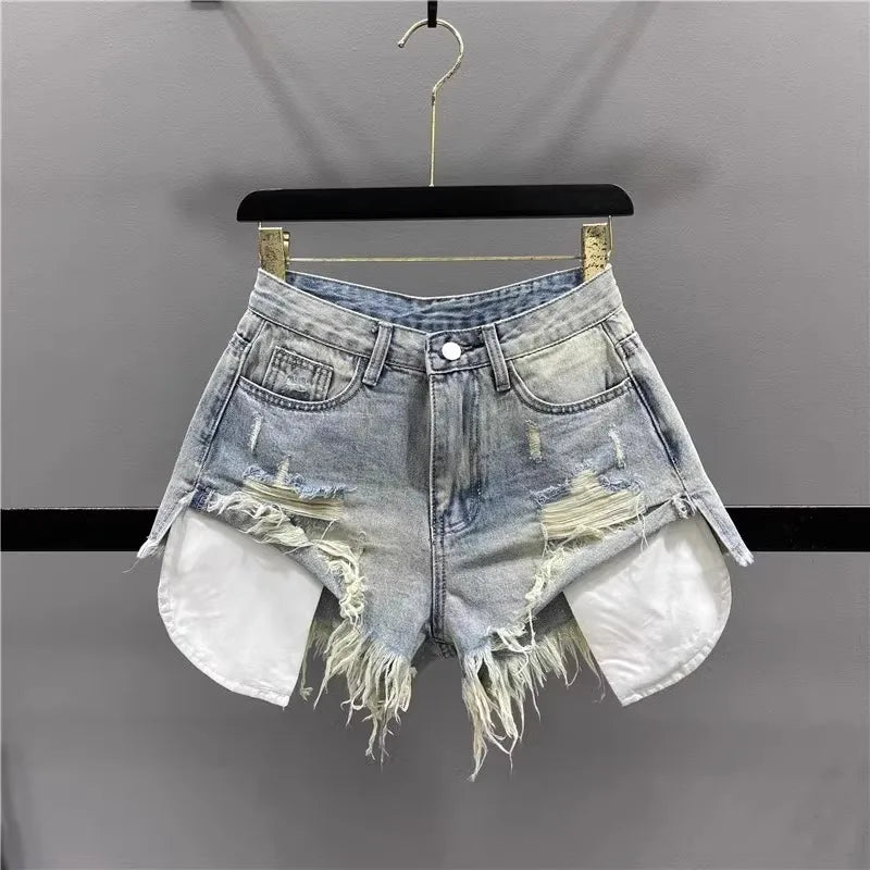 Korean Vintage Blue Sexy Ripped Jeans Women's Patchwork A-Line