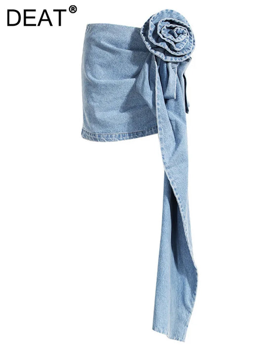 Fashion Women's Skirt High Waist Asymmetric Blue Denim Short