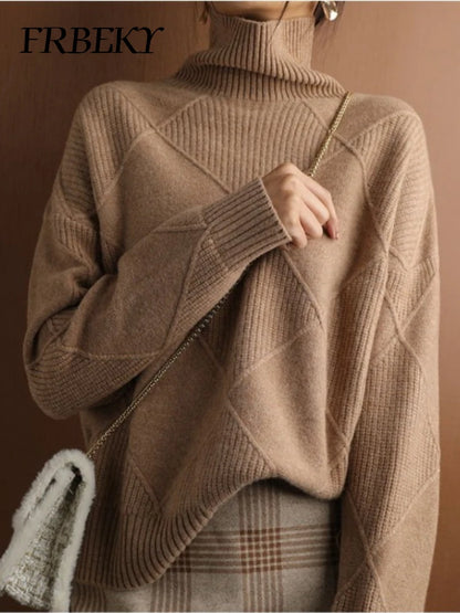 Turtleneck Sweater Autumn Winter Diamond Solid Color Warm Pullover Loose Lazy Wind Knitted Bottoming Shirt Pullovers Tops Jumper