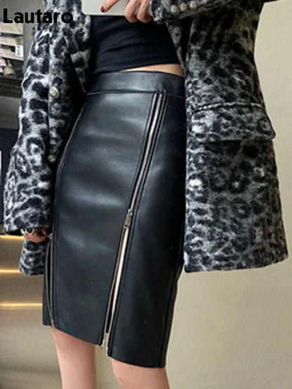 Vintage Black Faux Leather Midi Skirt Women's Fashion