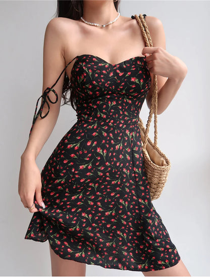 Summer Black Floral Dress - Bandage Suspender Beach Wear